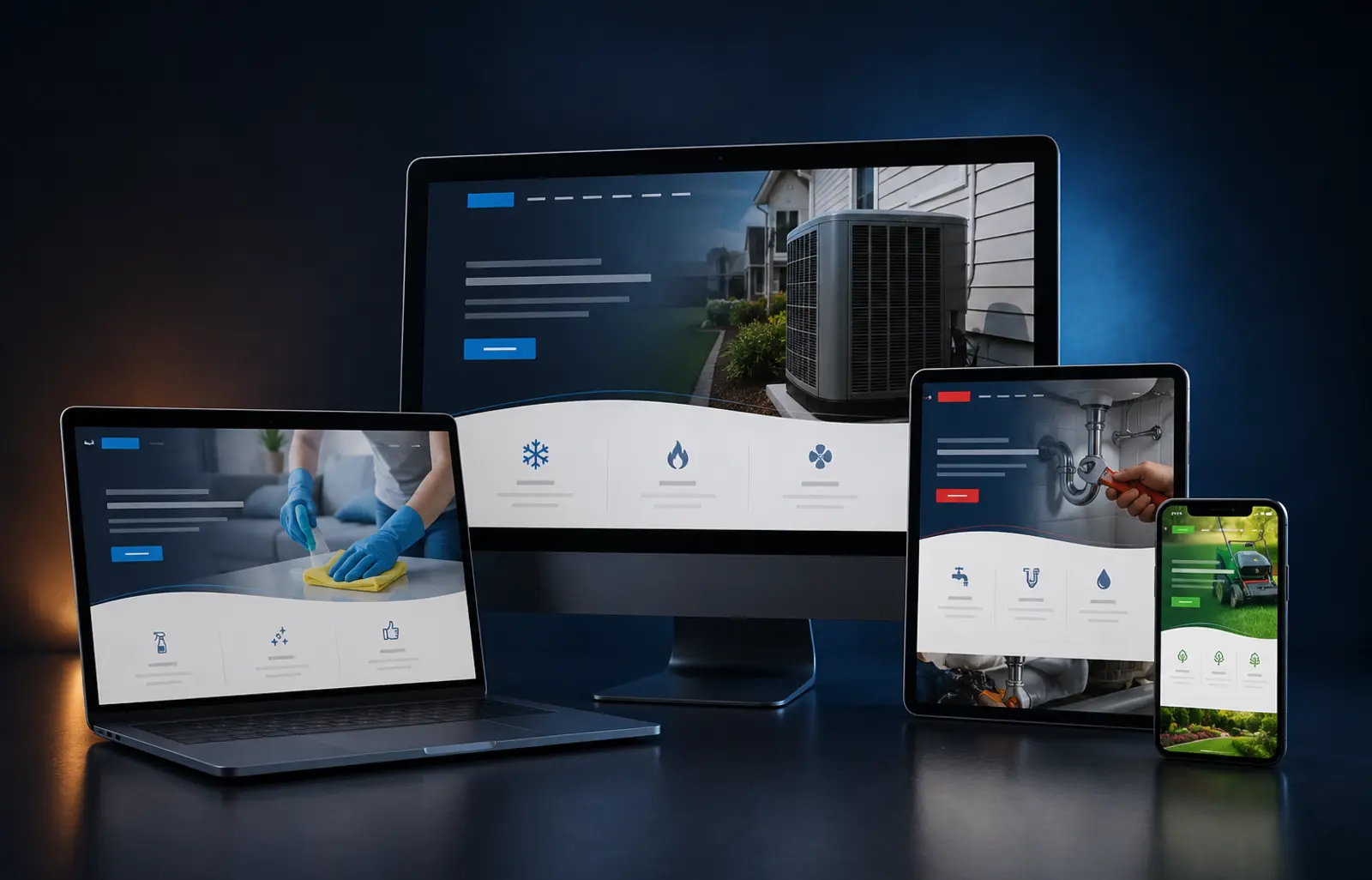 Ready Client Sites business website collection displayed across desktop, laptop, tablet, and mobile devices